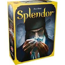 Splendor board game setup showing colorful gem tokens, development cards, and noble tiles ready for play.