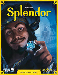 Splendor: New Edition board game setup featuring colorful gem tokens, development cards, and noble tiles ready for play.