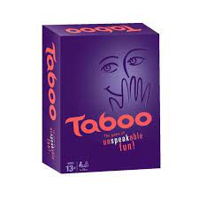 Taboo game box with purple and orange design on a white background. available at MJ BoardGames Lebanon