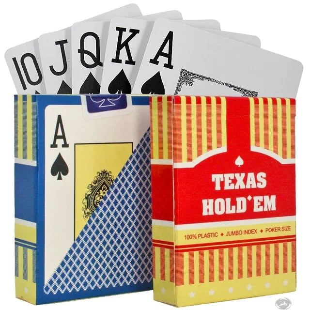 Texas Hold’em poker playing cards jumbo index 100 percent plastic available at MJ Board Games Lebanon