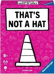 Product packaging for 'That's Not a Hat' game by Ravensburger with a pink background and white text. That’s Not a Hat family dexterity game available at MJ BoardGames Lebanon