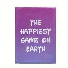 A vibrant setup of The Happiest Game on Earth board game showing a colorful amusement park board, cheerful tokens, and bright cards filled with fun and positivity.