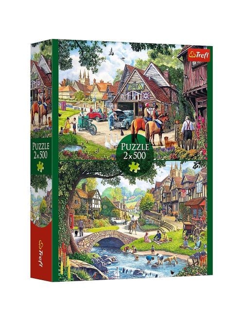 Trefl 2-in-1 puzzle set with two 500-piece countryside scenes featuring cottages and gardens, perfect click technology, 48x34 cm each, available at MJ BoardGames Lebanon.