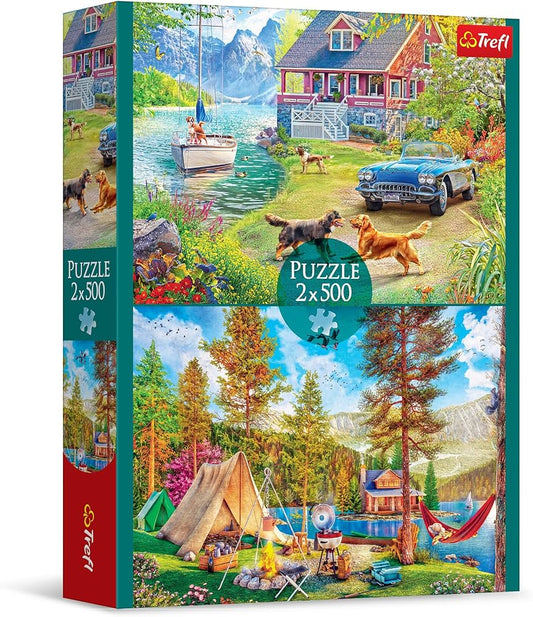 Trefl 2-in-1 puzzle set with two 500-piece jigsaws featuring relaxing summer beach and seaside scenes, perfect click technology, 48x34 cm each, available at MJ BoardGames Lebanon.