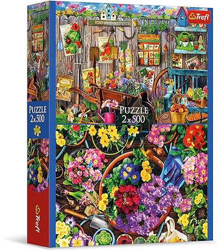Trefl 2-in-1 puzzle set featuring two 500-piece garden-themed puzzles with vibrant flowers and gardening scenes, perfect click technology, 48x34 cm each, available at MJ BoardGames Lebanon.