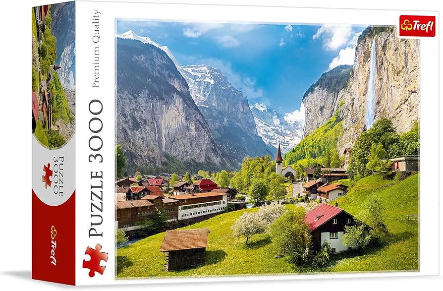 Trefl 3000 Piece Puzzle Lauterbrunnen Switzerland – scenic Swiss Alps valley jigsaw puzzle with waterfalls and mountain homes, 120 x 85 cm, Premium Collection, available at MJ BoardGames Lebanon.