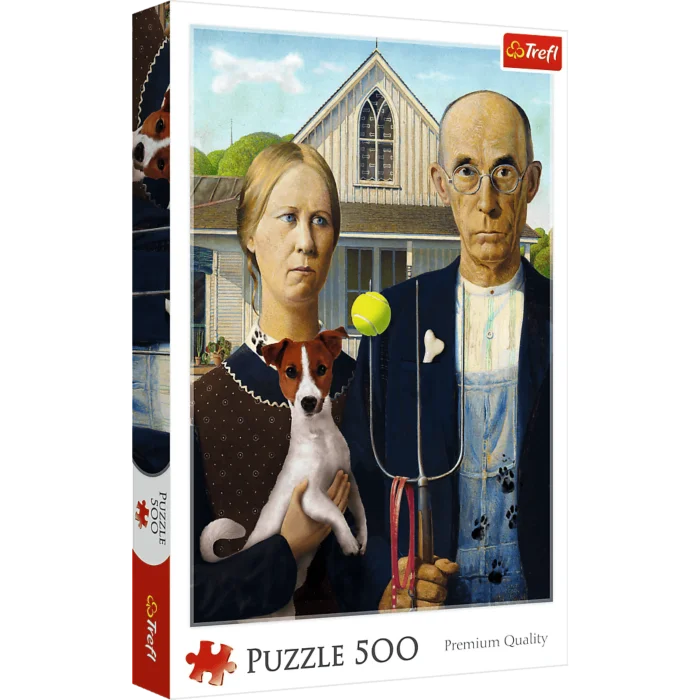 Trefl 500 Piece Puzzle American Gothic by Grant Wood – classic art jigsaw puzzle featuring farmer and daughter portrait, 48 x 34 cm, Premium Collection, available at MJ BoardGames Lebanon.