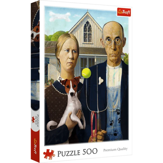 Trefl 500 Piece Puzzle American Gothic by Grant Wood – classic art jigsaw puzzle featuring farmer and daughter portrait, 48 x 34 cm, Premium Collection, available at MJ BoardGames Lebanon.