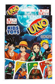 Uno: Anime Edition card game showing colorful anime-themed Uno cards featuring popular characters and unique designs.