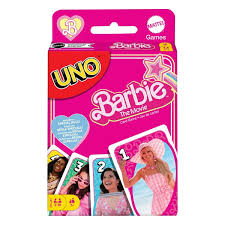 Uno: Barbie card game featuring pink, stylish Uno cards decorated with Barbie-inspired designs and characters.