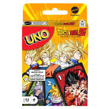 Uno: Dragon Ball Z card game featuring colorful cards with Goku, Vegeta, and other iconic Dragon Ball Z characters ready for play.