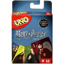 Uno: Harry Potter card game featuring Hogwarts-themed cards with Harry, Hermione, Ron, and other Wizarding World characters.