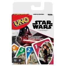 Uno: Star Wars card game featuring colorful cards with Star Wars characters like Darth Vader, Yoda, and Luke Skywalker in an intergalactic design.