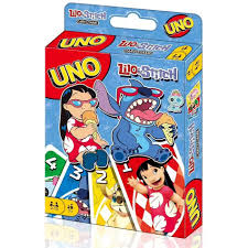 Uno: Stitch card game featuring colorful cards with Disney’s Stitch, tropical designs, and themed wild action cards.