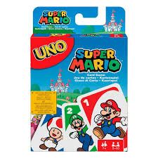 Uno: Super Mario card game featuring colorful cards with Mario, Luigi, Princess Peach, and Bowser from the Mushroom Kingdom.