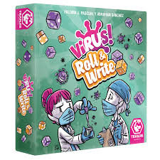 Board game box titled 'Virus! Roll & Write' with colorful graphics and text. Virus Roll & Write dice and pen game available at MJ BoardGames Lebanon