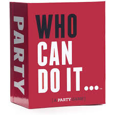 Red box with text 'WHO CAN DO IT... PARTY' on a white background. Who Can Do It funny adult party challenge game available at MJ BoardGames Lebanon