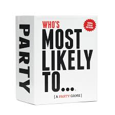 Board game box titled 'Who's Most Likely To...' on a white background. Who’s Most Likely To funny adult party game available at MJ BoardGames Lebanon