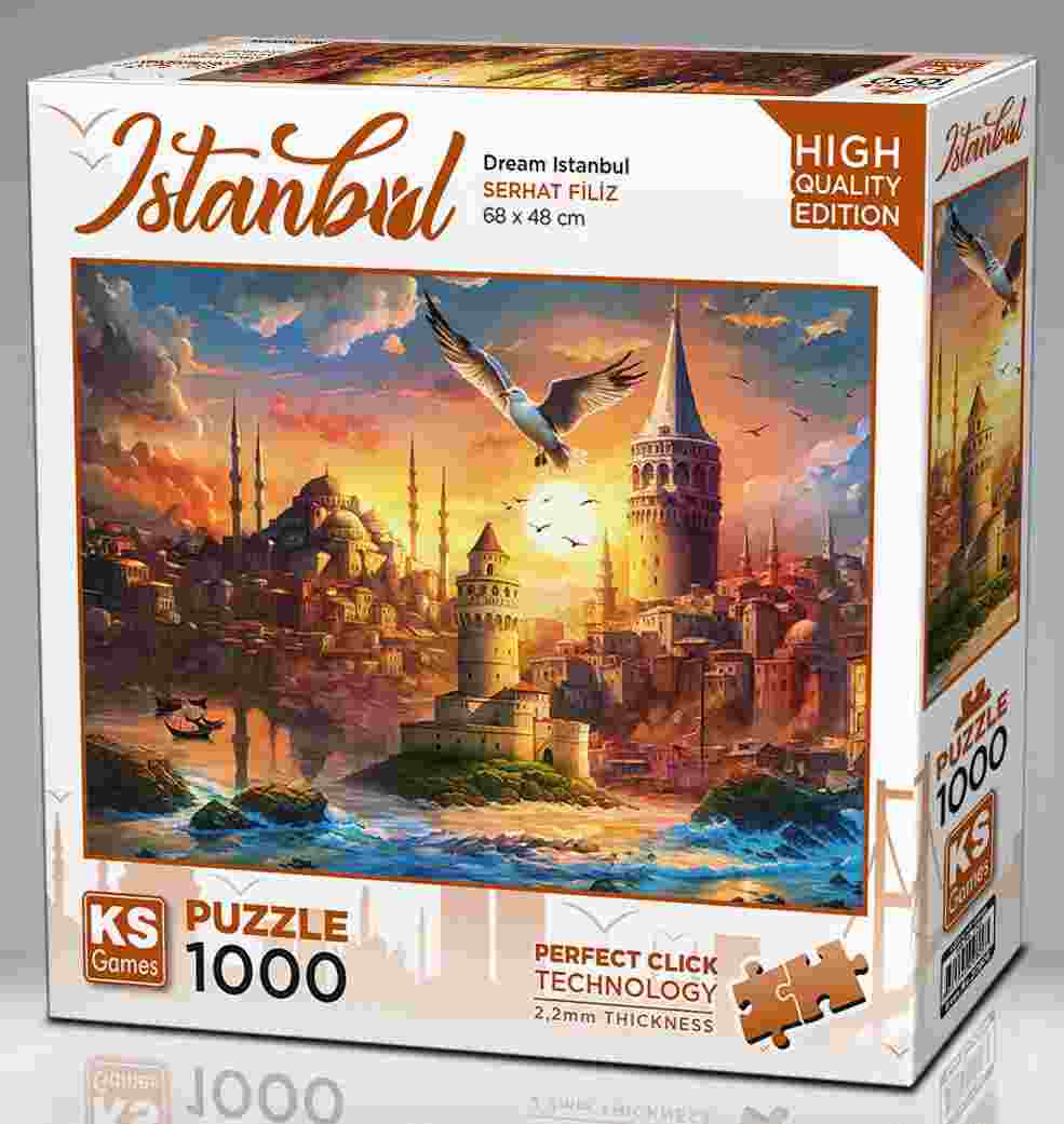 KS Puzzle 1000 Pieces Dream Istanbul – beautiful cityscape jigsaw puzzle featuring Istanbul’s domes, minarets, and Bosphorus sunset, crafted with Perfect Click Technology and 2.2mm thick board, available at MJ BoardGames Lebanon.