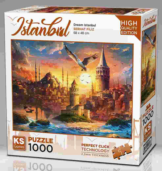 KS Puzzle 1000 Pieces Dream Istanbul – beautiful cityscape jigsaw puzzle featuring Istanbul’s domes, minarets, and Bosphorus sunset, crafted with Perfect Click Technology and 2.2mm thick board, available at MJ BoardGames Lebanon.